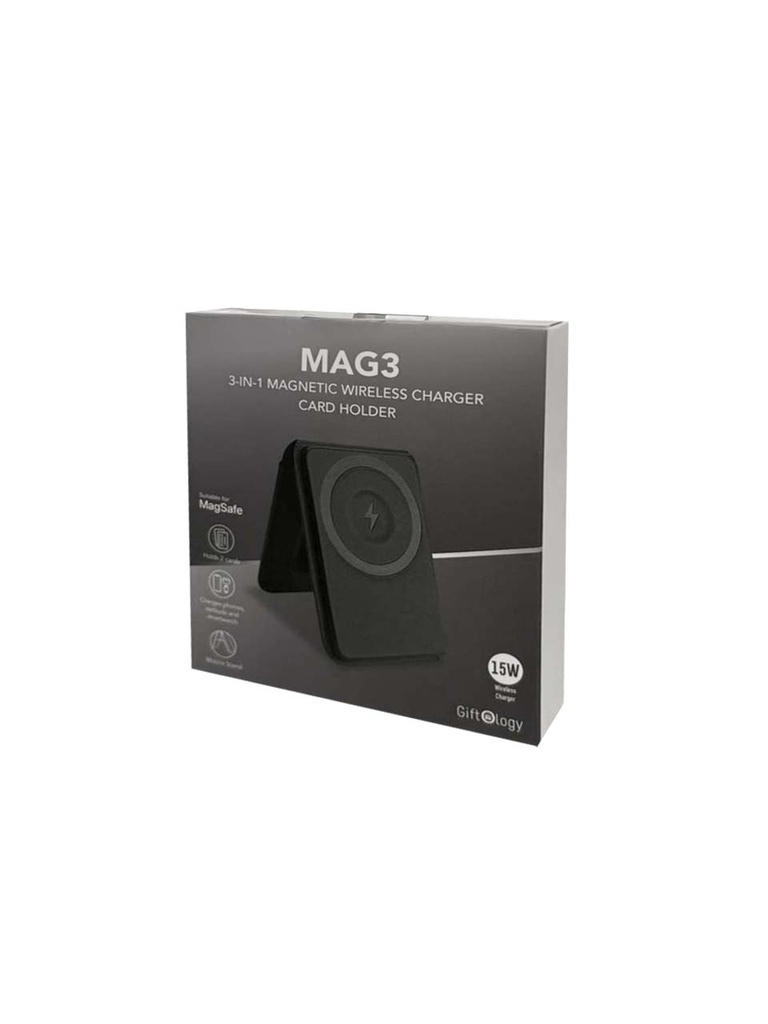 MAG3 - Giftology 3-in-1 Magnetic Wireless Charger Card Holder - Black